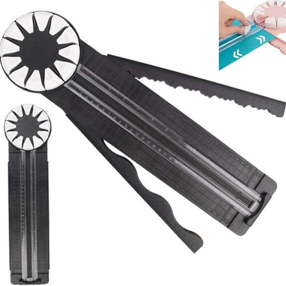 Tanuke Paper Craft Edge Cutter - 12 in 1 Small Paper Cutter, Rotating Disk with Straight & Wavy Patterns, Smooth Rolling for Cards & Scrapbooking, Transparent Track, Compact Trimmer, Black