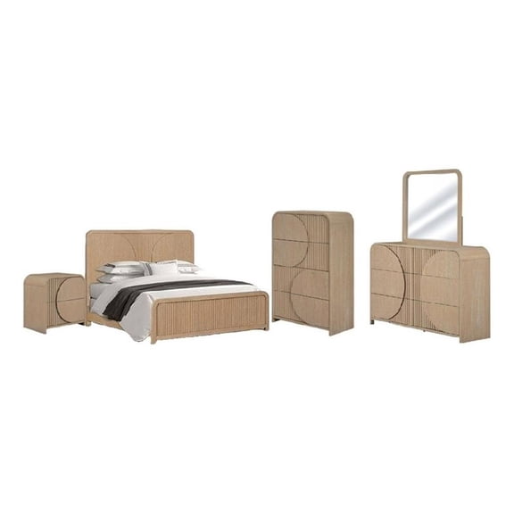 Tanya 5pc Queen Bedroom Set w Tall Chest- Reeded Natural Brown