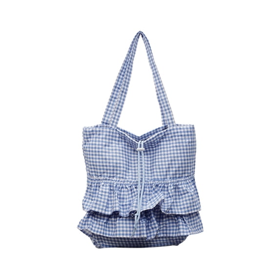 Tanyzvel Double Tier Gingham Ruffle Drawstring Tote Bag for Women
