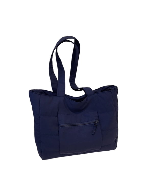 Quilted Puffer Work Tote, Women Dual Zip Nylon Shoulder Bag with Front Pocket for School Daily Commute