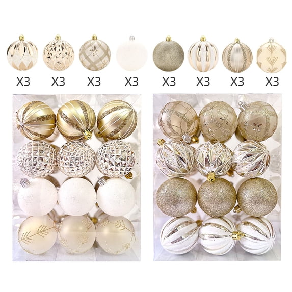 Tanyzvel Shatterproof Christmas Ornaments 2.36 Inch 24 Pack Champagne Gold Neutral Diamond Cut Glitter Balls for Indoor Modern Luxury Holiday Decor