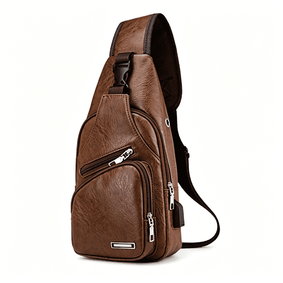 Tanyzvel Vintage PU Leather Sling Crossbody Backpack with USB Charging Port, Unisex Chest Bag for Men Women Travel Camping Hiking Holiday Gift