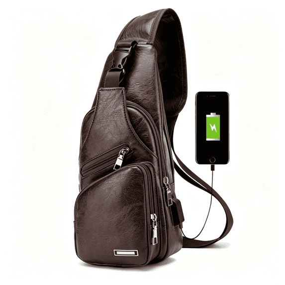 Tanyzvel Vintage PU Leather Sling Crossbody Backpack with USB Charging Port, Unisex Chest Bag for Men Women Travel Camping Hiking Holiday Gift