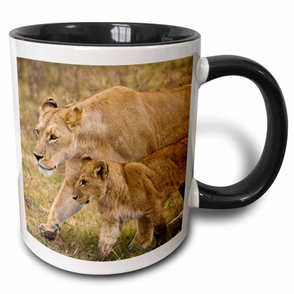 3drose, Tanzania. Lioness, Cub at Ngorongoro Crater-af45 Rbe0024 - Ralph H. Bendjebar, 11oz Two-tone Black Mug