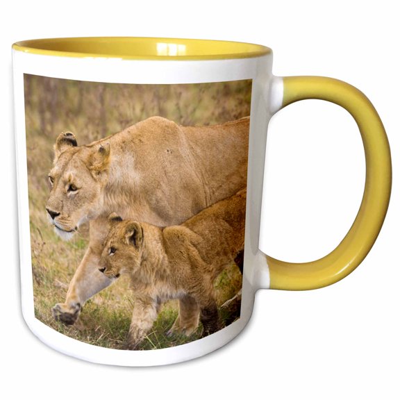 3drose, Tanzania. Lioness, Cub at Ngorongoro Crater-af45 Rbe0024 - Ralph H. Bendjebar, 11oz Two-tone Yellow Mug