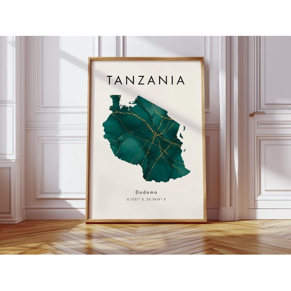 Tanzania Map Poster Green and Gold Africa Wall Art Print Home Decor Geography Map Gift Wallpaper