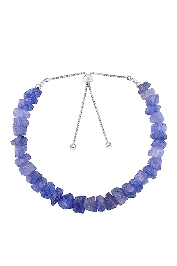 Tanzanite 5-7mm Nugget Tumble Shape Rough Cut Beads 7 inch Adjustable Silver Plated Clasp Bracelet for men, women, unisex. Link Chain Stacking Bracelet.|LINK_06316