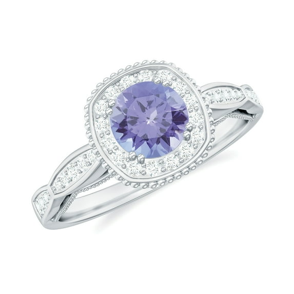 Rosec Jewels Tanzanite Halo Engagement Ring with Diamond - 5 mm - Vintage Inspired Ring for Women - AAA Quality Certified, 10K White Gold, US 5.00