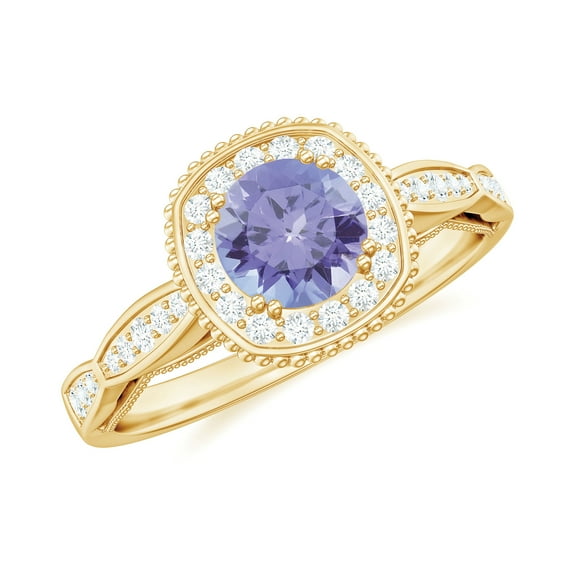 Rosec Jewels Tanzanite Halo Engagement Ring with Diamond - 5 mm - Vintage Inspired Ring for Women - AAA Quality Certified, 14K Yellow Gold, US 4.50