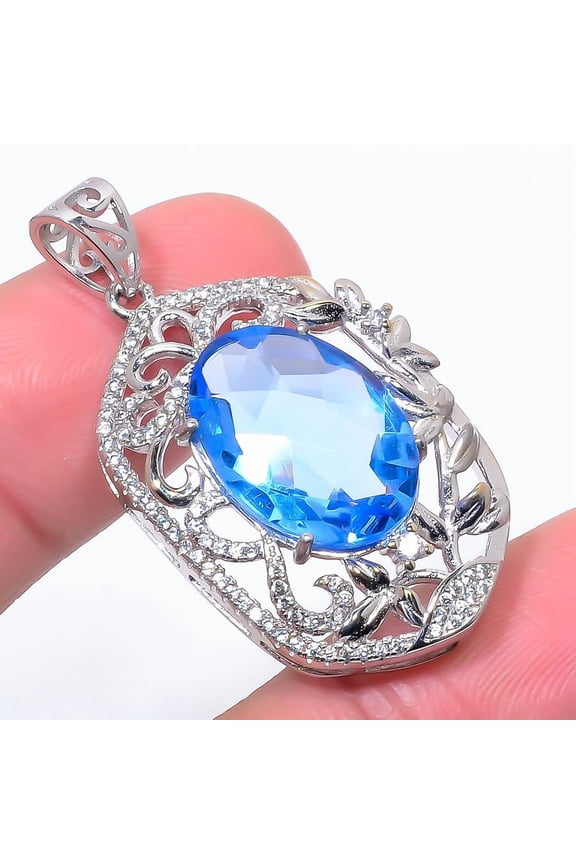 Tanzanite Quartz & Cz 925 Sterling Silver Pendant 1.6" T8690, Quartz Pendant, Christmas Gift, New Year Sale, Gemstone Silver Jewelry