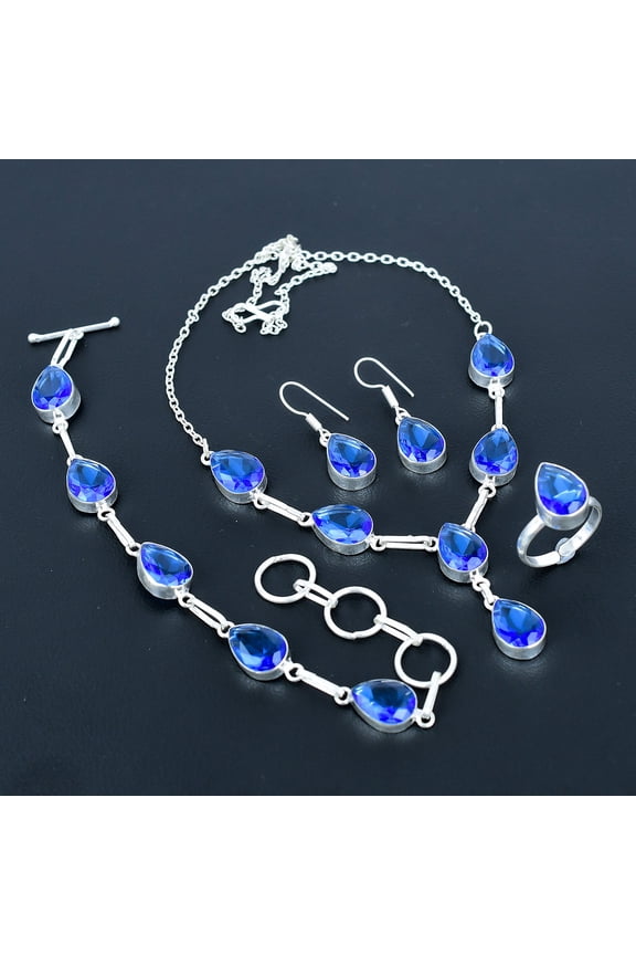 Tanzanite Quartz Pear Gemstone Handmade 925 Sterling Silver Jewelry Set VJ 192