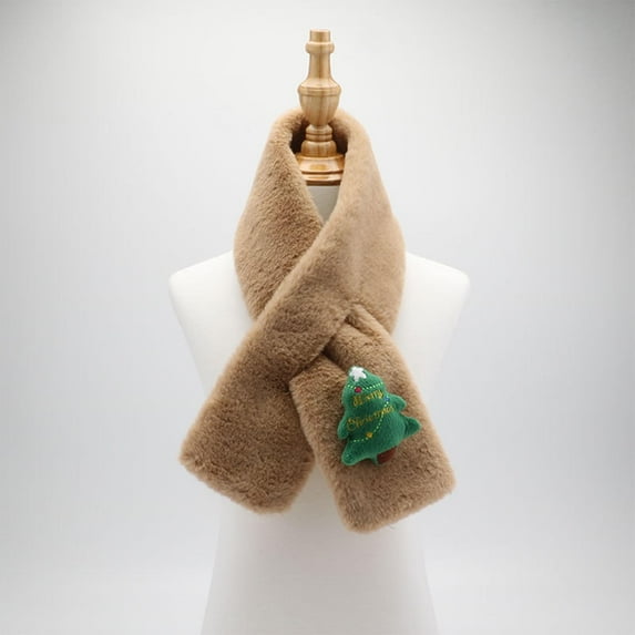 Tao 2024 Christmas Kid Fashion Scarf For Girls & Boys Plush Warm Scarf Christmas Tree Outdoor Neck Winter Scarf For Child KhakiFree Size