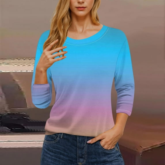 Tao 3/4 Length Sleeve Womens Tops Graphic Print Vintage Fashion Casual Loose With Round Neck Plus Size Shirts Light BlueM