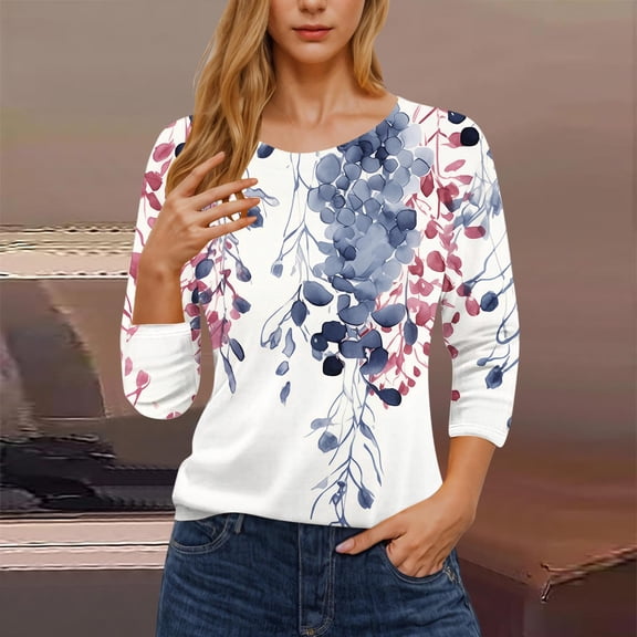 Tao 3/4 Length Sleeve Womens Tops Graphic Print Vintage Fashion Casual Loose With Round Neck Plus Size Shirts WhiteS