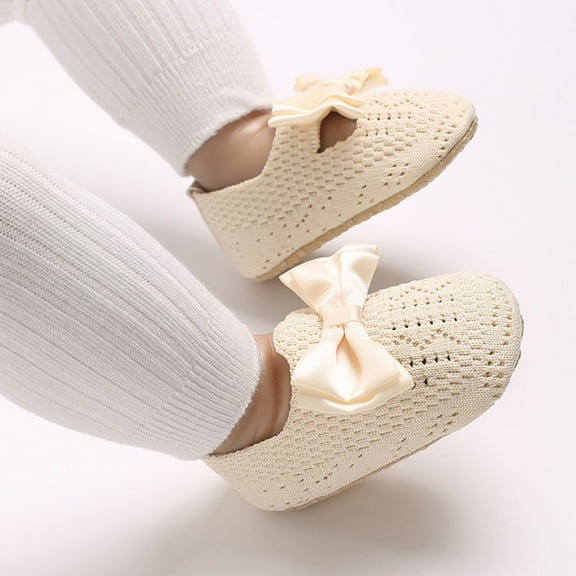 Tao Baby Girls Princess Bowknot Soft Sole Cloth Crib Shoes Sneaker Non-Slip Sole Toddler Crib First Walker Shoes Flat Shoes Knitted Breathable Toddler ShoesBeige11