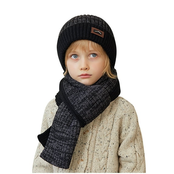 Tao Children Boys Girls Winter Color Matching Warm Thicken Knit Hat Bib Two Piece Outdoor Cold Protective Scarf BeanieBlackFree Size