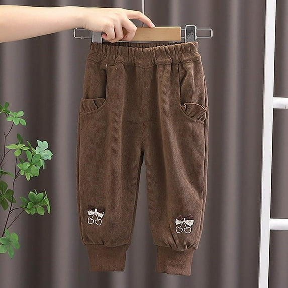 Tao Children's Microfleece Pants Casual Solid Color Versatile Mid Waist Button Up Ankle Pants Long Pants For Boys Girls Coffee2 Years