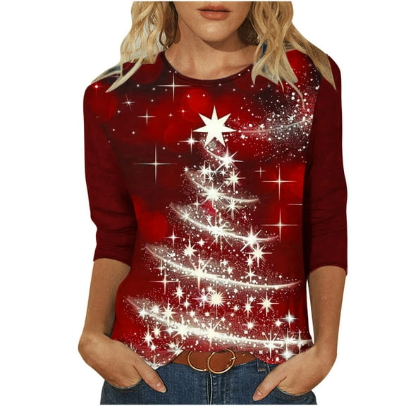 Tao Christmas Shirts for Women 3/4 Sleeve Sparkly Glitter Xmas Tree Print Sweatshirt Holiday Tops Ugly Sweater Funny Gift RedL