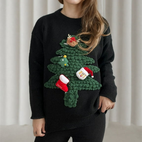Tao Christmas Sweaters for Women 2024 Christmas Appliques Sweater Santa Tree Jumpers Casual Trendy Xmas Sweaters BlackS