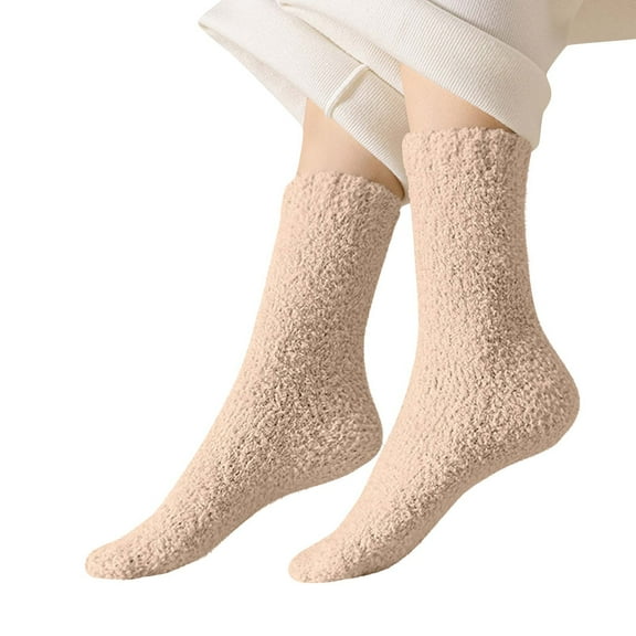 Tao Fuzzy Fleece-Lined Socks for Women Girls Cute Plush Solid Thickened Warm Comfortable Sleeping Sock Non Slip Fluffy Soft Socks KhakiFree Size