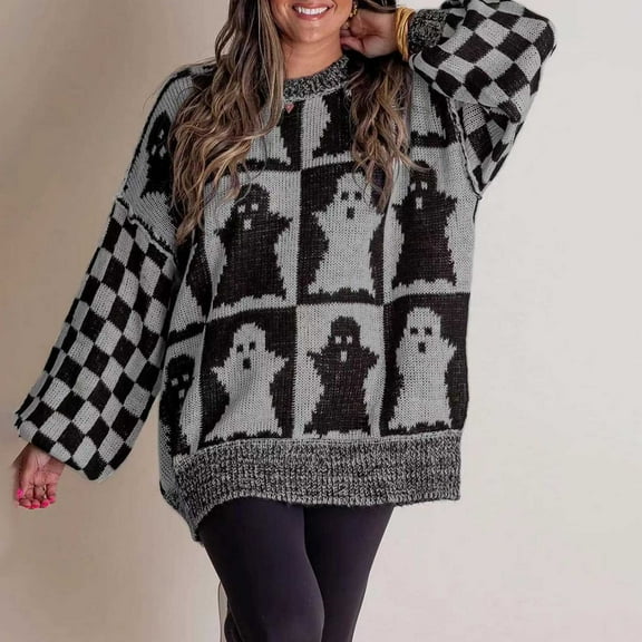 Tao Halloween Checkered Sweater,2024 Halloween Ghost Checkered Sweater,Oversized Crew Neck Knit Sweater BlackS