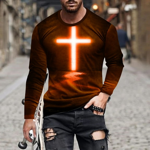 Tao Jesus Shirts for Men 2024 Fall Long Sleeve Pullover Tops Christian Cross Print Slim Fit Tshirt Cotton Crewneck Shirts BurgundyXL