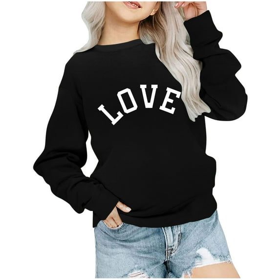 Tao Tao Kids Girls Boys Casual Crewneck Sweatshirt Classical Letter Graphic Prints Blouses Long Sleeve Tops Cute Pullover Loose Fit For Valentines Day Black 11 Years