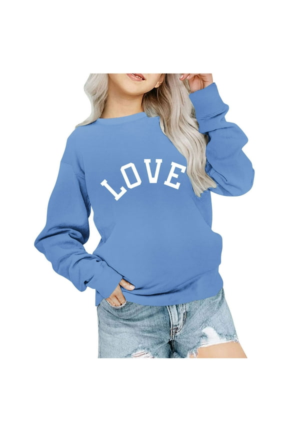 Kids Girls Boys Casual Crewneck Sweatshirt Classical Letter Graphic Prints Blouses Long Sleeve Tops Cute Pullover Loose Fit For Valentines Day Blue 1 Years