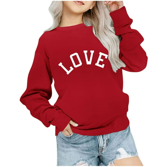 Tao Tao Kids Girls Boys Casual Crewneck Sweatshirt Classical Letter Graphic Prints Blouses Long Sleeve Tops Cute Pullover Loose Fit For Valentines Day Red 9 Years