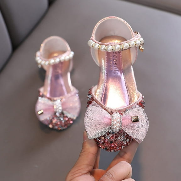 Tao Kids Girls Dress Shoes Ballet Shoes Sparkling Bow Dance Soft Soled Princess Shoes Flower Wedding Party Bridesmaids Shoes Low Heels Prom Footwear For Toddler KidsPink29