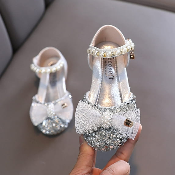Tao Kids Girls Dress Shoes Ballet Shoes Sparkling Bow Dance Soft Soled Princess Shoes Flower Wedding Party Bridesmaids Shoes Low Heels Prom Footwear For Toddler KidsSilver22