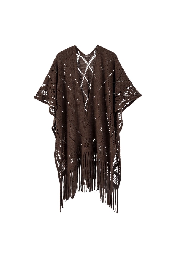 Tao Knit Shawl Wrap For Women - Soul Young Ladies Fringe Knitted Poncho Cardigan Cape CoffeeFree Size