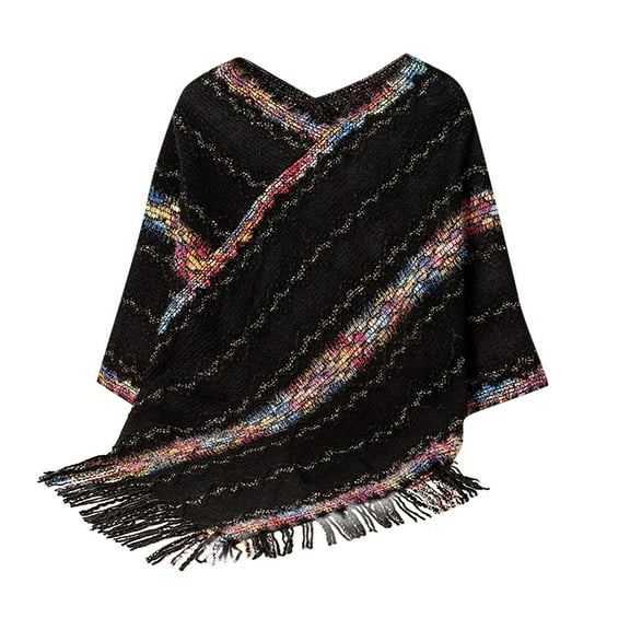 Tao Knit Shawl Wraps For Women Soft Fringe Poncho Sweater Cape With Hooded Striped Knitted Pashmina Fringed Cape Shawl Sweater For Fall Winter BlackFree Size