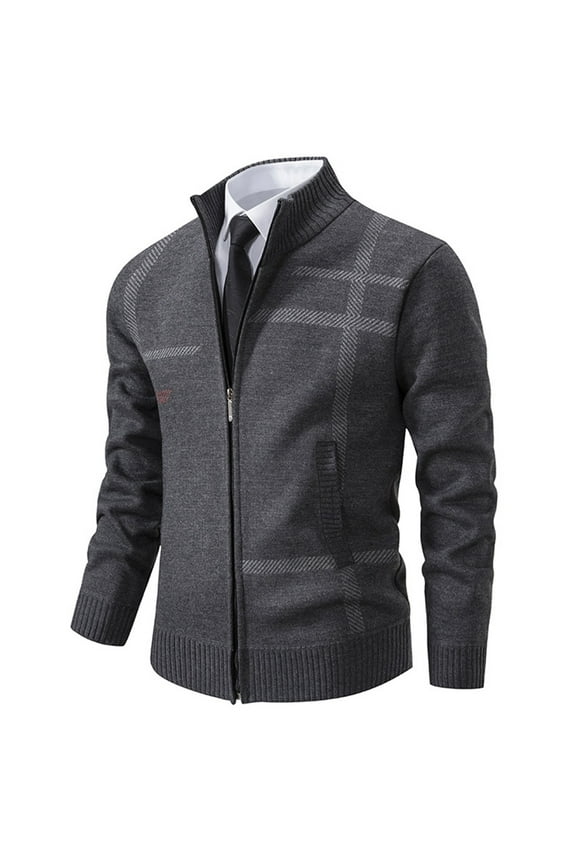 Tao Man Full Zipper Sweater Cardigan Jacket Autumn Winter Business Warm Knit Jumper Mock Neck Long Sleeve Men's Coat With Pockets Dark GrayXL