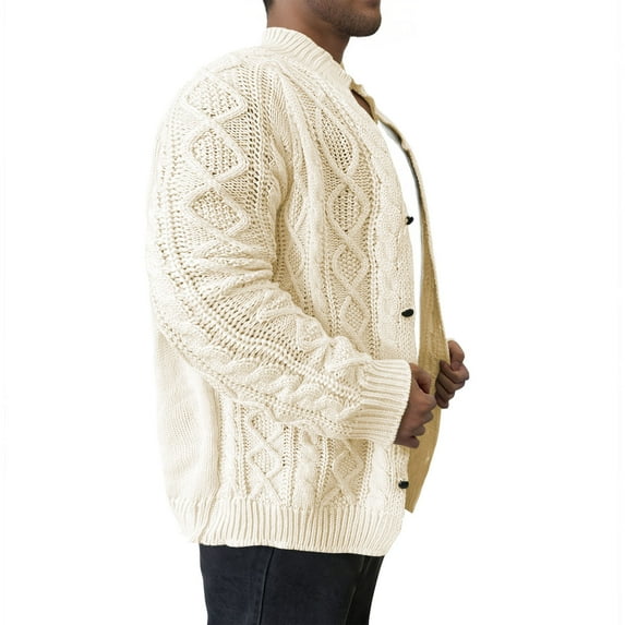 Tao Men's Big And Tall Cardigan Sweaters Stand Collar Cable Knit Button Sweater Fall Winter Chunky Cardigan Sweater Coats Beige3XL