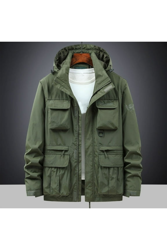 Tao Men's Hooded Jacket With Removable Sleeves Full Zip Up Stand Collar Multi Pockets Cargo Jackets Olive GreenL