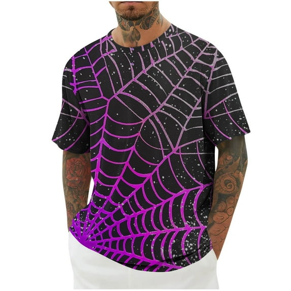 Tao Mens Halloween Spider Web Shirt Halloween Horror Shirt Short Sleeve Plus Size Crewneck Tops PurpleL