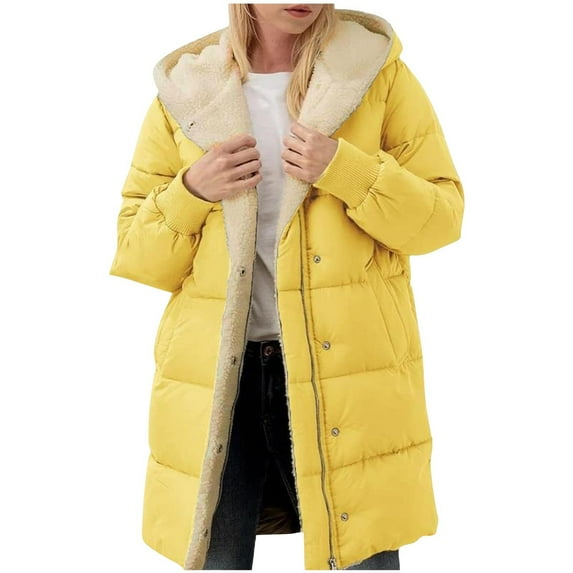 Tao Puffer Coat Women Casual Hooded Puffer Coats Sherpa Fleece Lined Jacket Midi Length Winter Coats For Women Yellow3XL