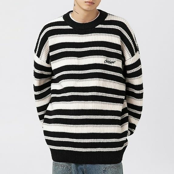 Tao Striped Sweaters for Men Crewneck Soft Knit Sweater Casual Regular Fit Warm Classic Pullover 2024 Fall Winter Jumper Tops BlackL