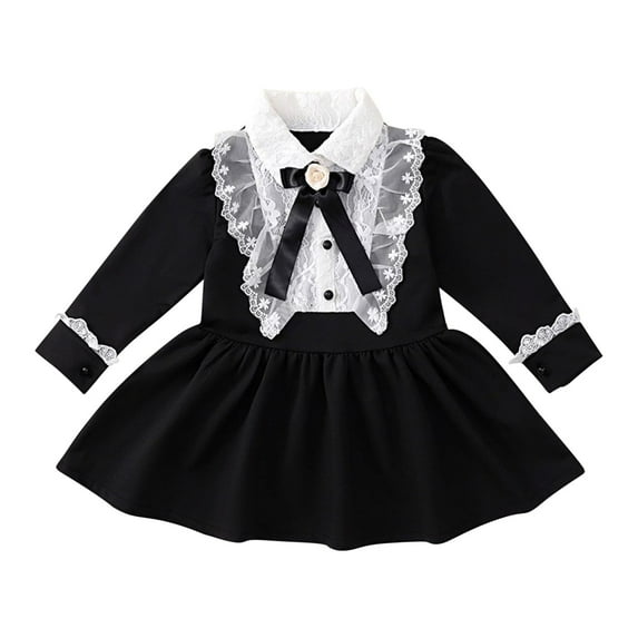Tao Tao 2-8 Years Children And Girls Fashion Lace Bow Princess Dress Long Sleeved Round Neck Dress Black 130