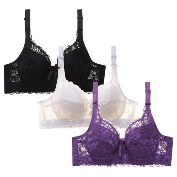 Tao Tao 3pc Push Up Bras for Women Plus Size Floral Lace Underwire Soft Cup Everyday Bra Black 34C