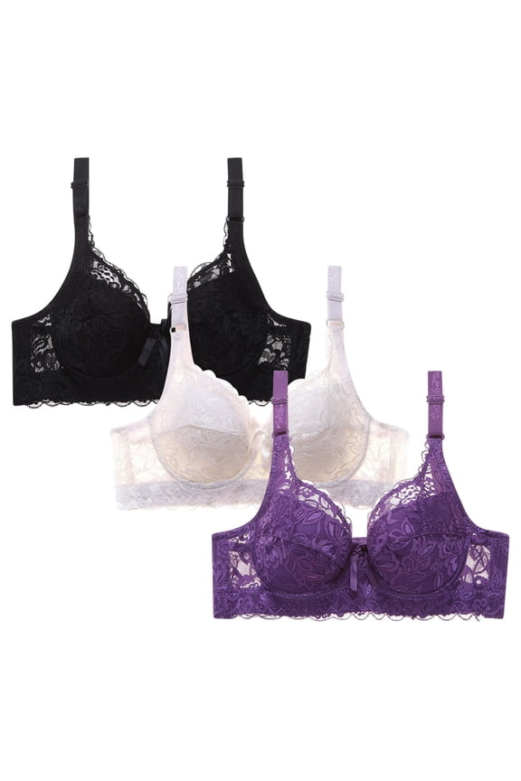 3pc Push Up Bras for Women Plus Size Floral Lace Underwire Soft Cup Everyday Bra Black 34D