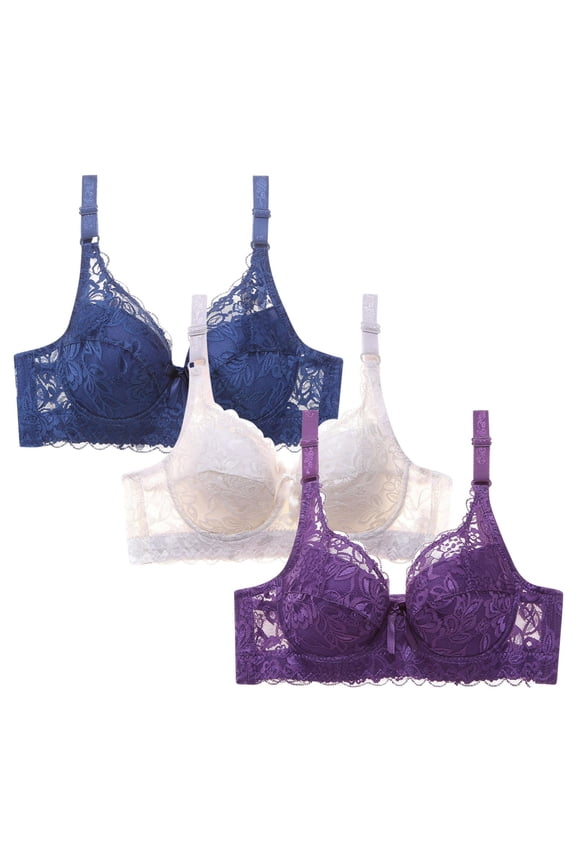 3pc Push Up Bras for Women Plus Size Floral Lace Underwire Soft Cup Everyday Bra Blue 34C