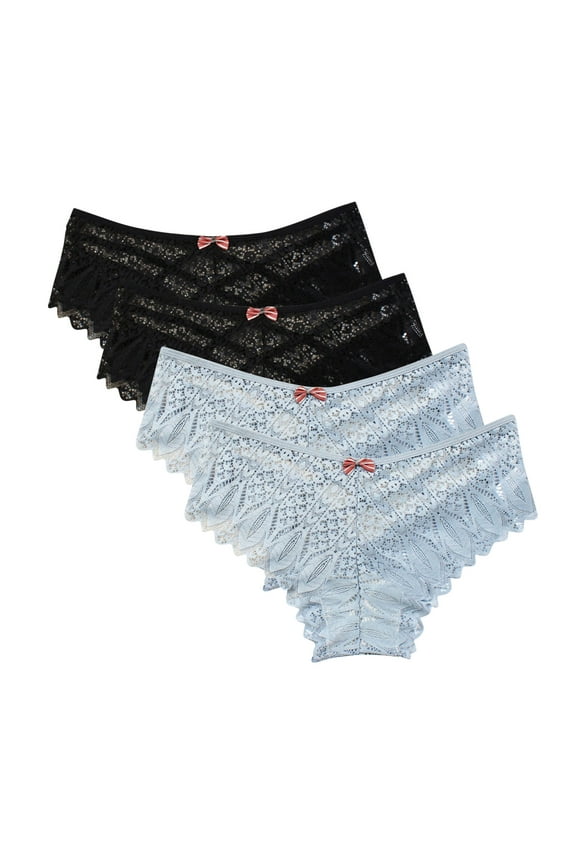4 Pack Panties For Women Crochet Thong Lace Criss Cross Breathable Underwear Scallop Trim Thongs Brief Blue XL