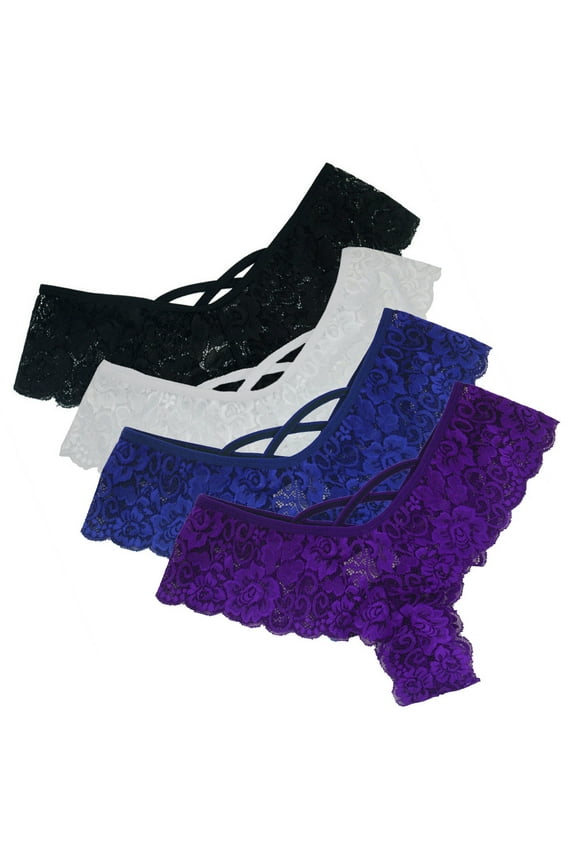 4PC Women's Floral Lace Thongs Bikini Panties Fashion Lingerie Panty T Back Underwear Black,Blue,Purple,White L