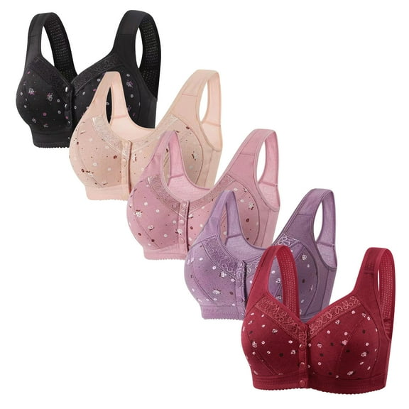 Tao Tao 5 Pack Daisy Bras For Women Front Button Snaps Closure Wireless Cotton Bra For Seniors Sports Bra Push Up Bra Wire Free Bras Fashion Bras Black L