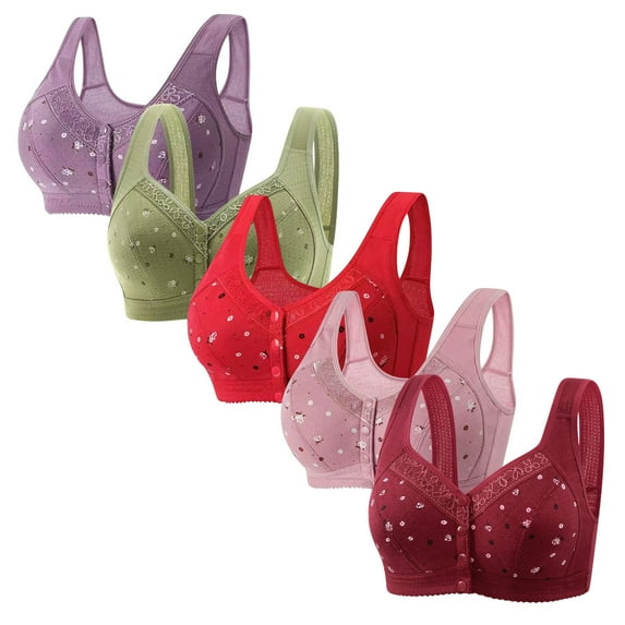 Tao Tao 5 Pack Daisy Bras For Women Front Button Snaps Closure Wireless Cotton Bra For Seniors Sports Bra Push Up Bra Wire Free Bras Plus Size Bras Purple 2XL