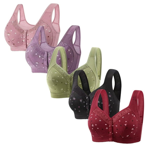 Tao Tao 5 Pack Daisy Bras For Women Front Button Snaps Closure Wireless Cotton Bra For Seniors Sports Bra Push Up Bra Wire Free Bras Supportive Bras Hot Pink 2XL