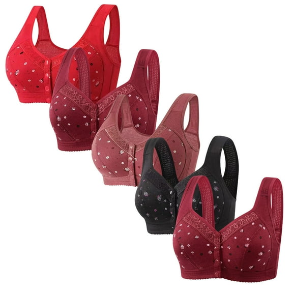 Tao Tao 5 Pack Daisy Bras For Women Front Button Snaps Closure Wireless Cotton Bra For Seniors Sports Bra Push Up Bra Wire Free Bras Supportive Bras Red XL
