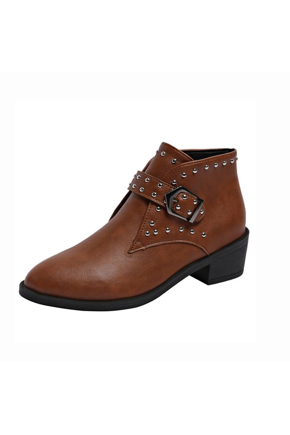 Ankle Boots For Women ,Retro Chelsea Ankle Boots Fall Winter Low Chunky Block Heel Pointed Toe Short Boots Leather Comfortable Buckle Rivet Slip On Cowboy Boots Brown 36